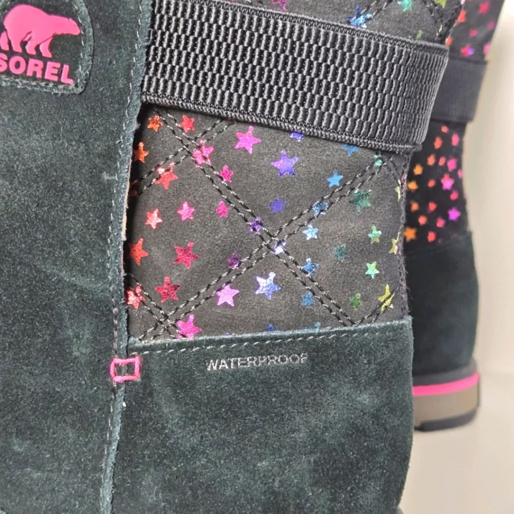 Sorel Rylee Waterproof Black Suede Warm Lined Pink Stars Toddler Girl Sz 5 Boots - Picture 6 of 8